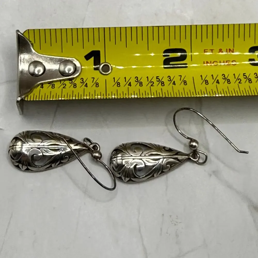 Vintage 1990s SU Sterling Silver Openwork Teardrop Dangle Earrings
